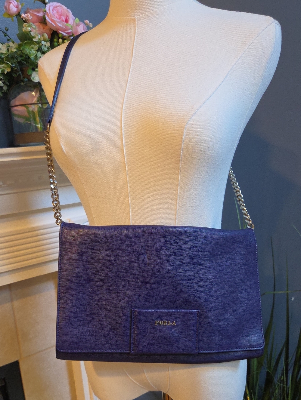 Furla Deep Blue Leather Chain-Trim Removeable Shoulder Bag